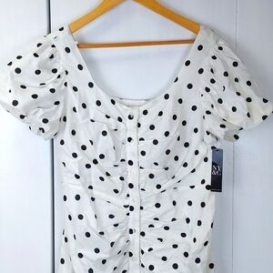 NY&C| White Linen Polka-Dot Button Front Puff Sleeve Ruching Midi Dress  Sz.M